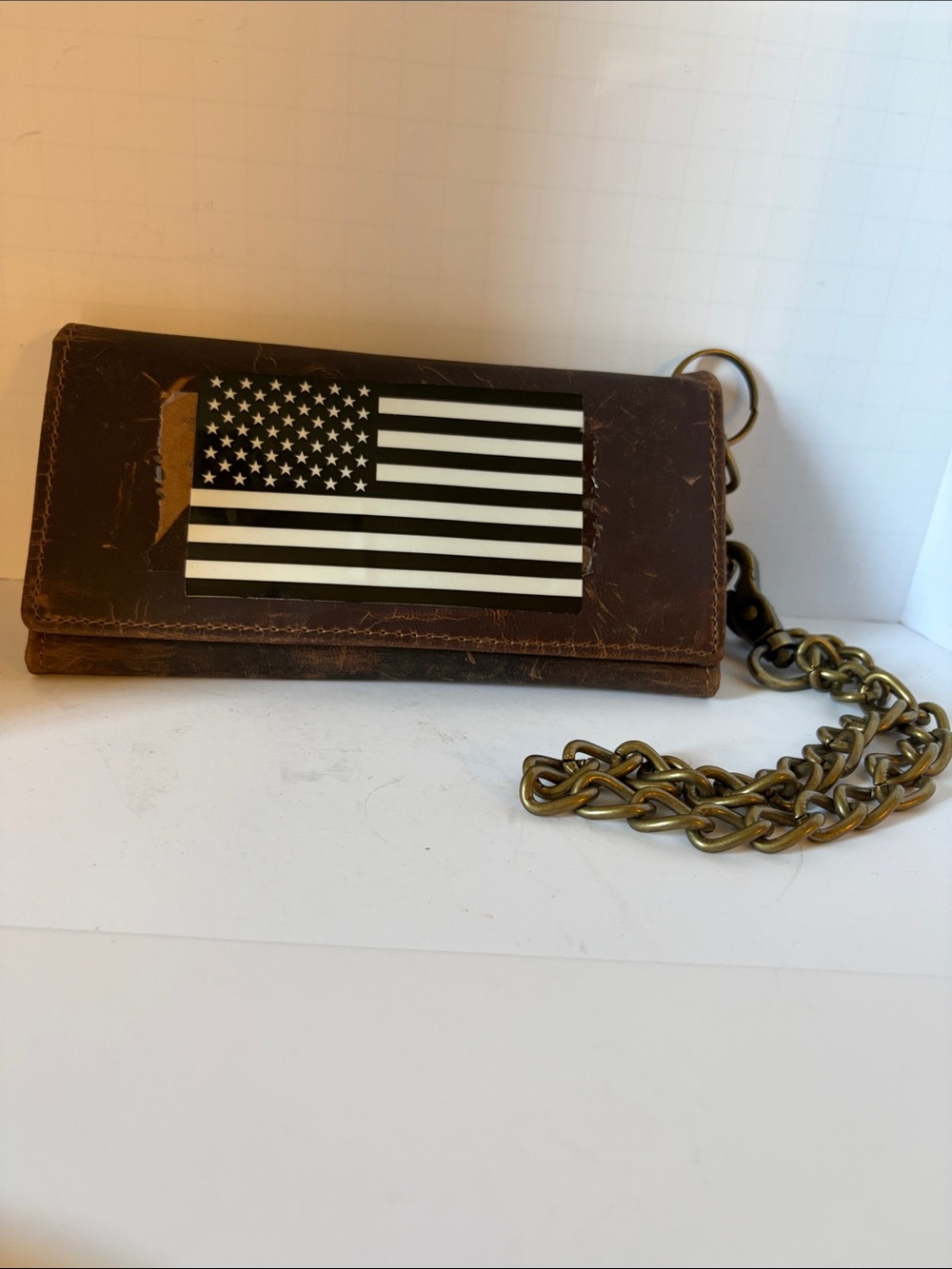 F&L Brown Long Trifold Leather Biker Chain Wallet with Black & White Flag Accent